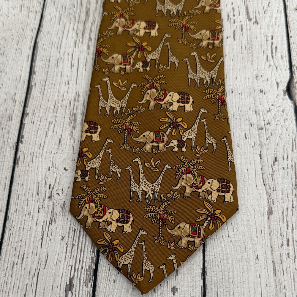 Salvatore Ferragamo Brown and Cream Safari Animal Print Silk Tie